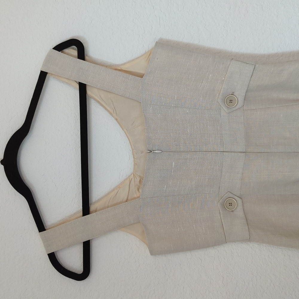 Burlapp Ruffle Sheath Linen Dress Cream Sz Small Asymmetrical Neck Pockets Zip - Picture 4 of 9